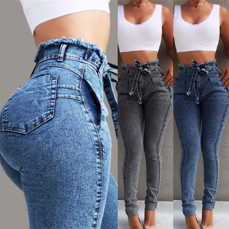 Women's High-Waist Jeans with Pockets and Drawstring