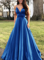 Women's A-Line Evening Dress with Deep Neckline and Thin Straps