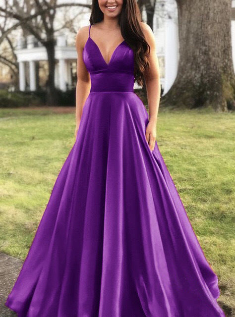 Women's A-Line Evening Dress with Deep Neckline and Thin Straps