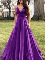 Women's A-Line Evening Dress with Deep Neckline and Thin Straps