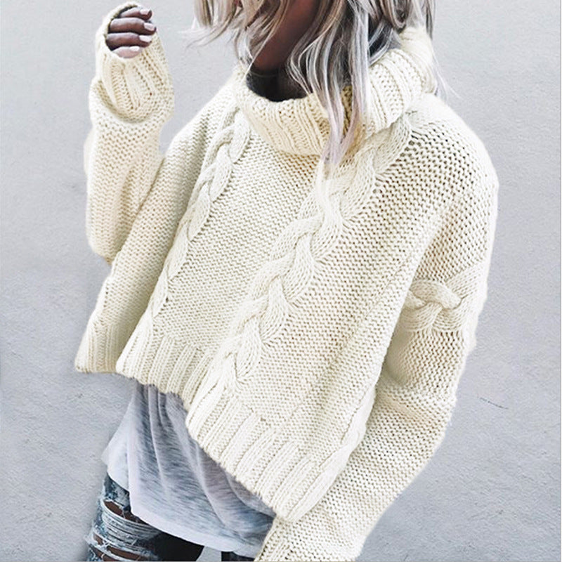 Women's Chunky Knit Sweater with High Collar and Cable Design