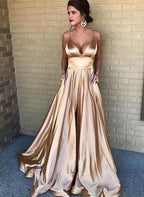 Women's A-Line Evening Dress with Deep Neckline and Thin Straps