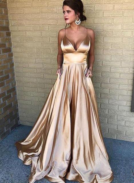 Women's A-Line Evening Dress with Deep Neckline and Thin Straps