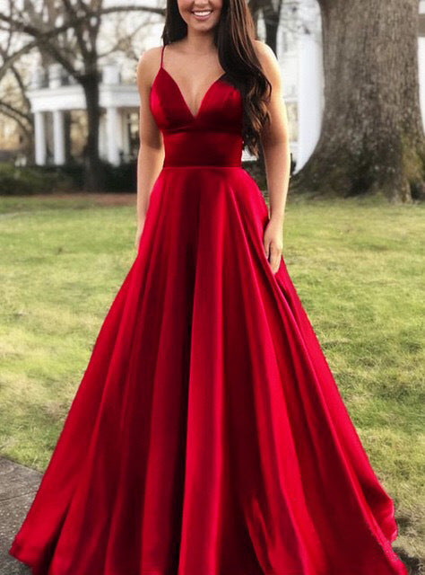 Women's A-Line Evening Dress with Deep Neckline and Thin Straps