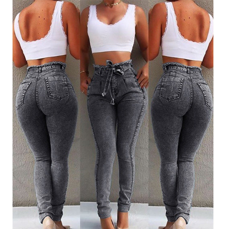 Women's High-Waist Jeans with Pockets and Drawstring