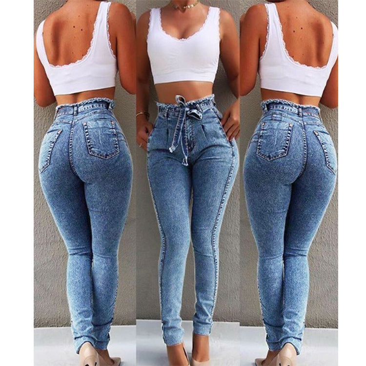 Women's High-Waist Jeans with Pockets and Drawstring