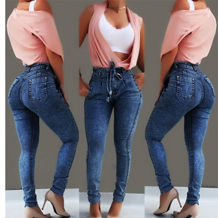 Women's High-Waist Jeans with Pockets and Drawstring