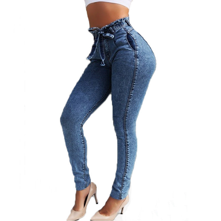 Women's High-Waist Jeans with Pockets and Drawstring