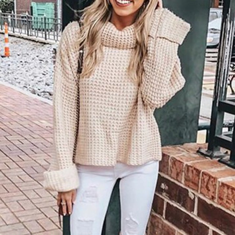 Women's Chunky Knit Sweater with High Collar and Wide Fit