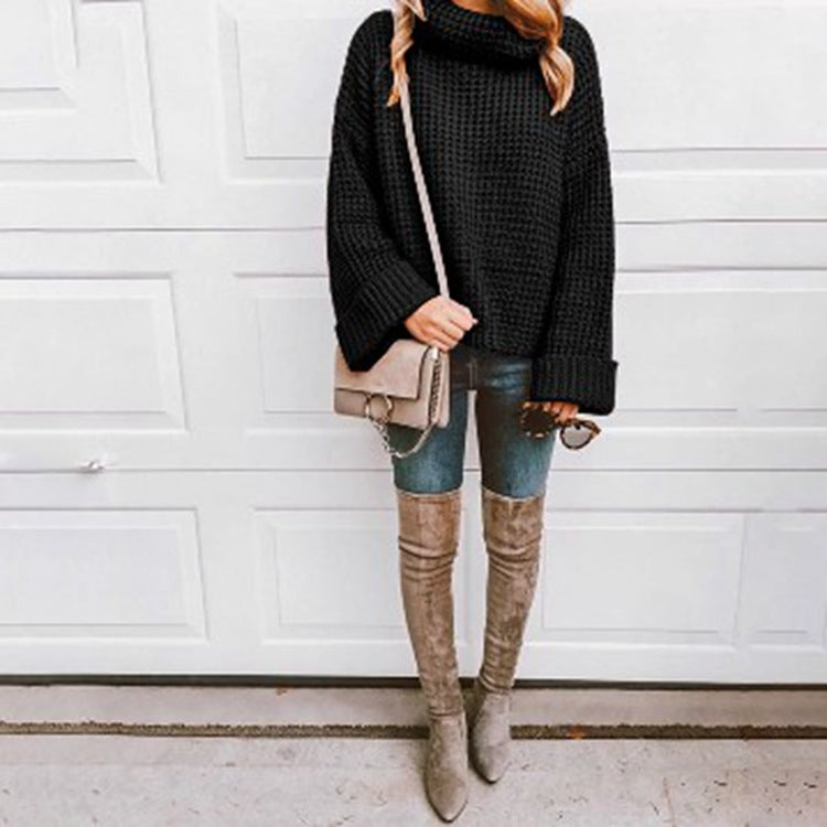 Women's Chunky Knit Sweater with High Collar and Wide Fit