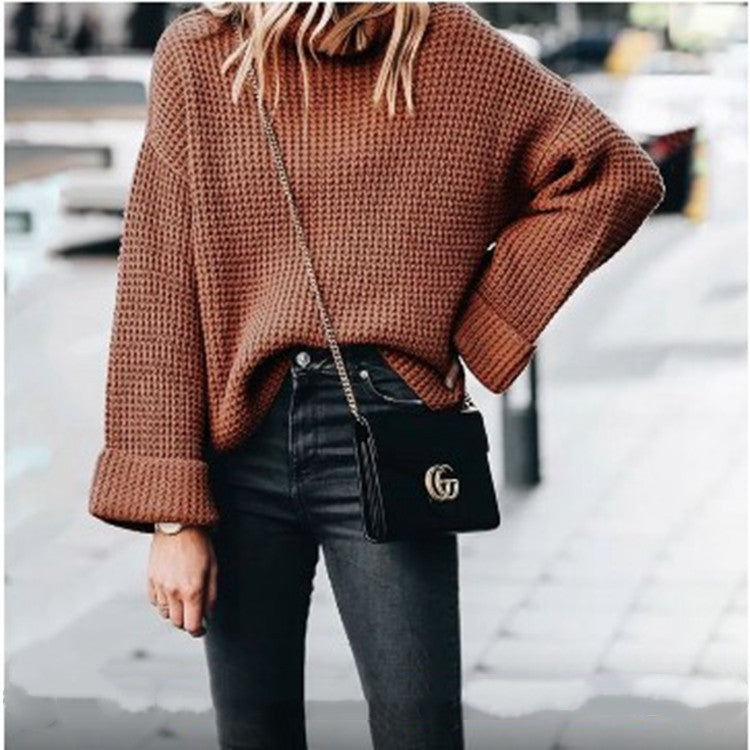 Women's Chunky Knit Sweater with High Collar and Wide Fit