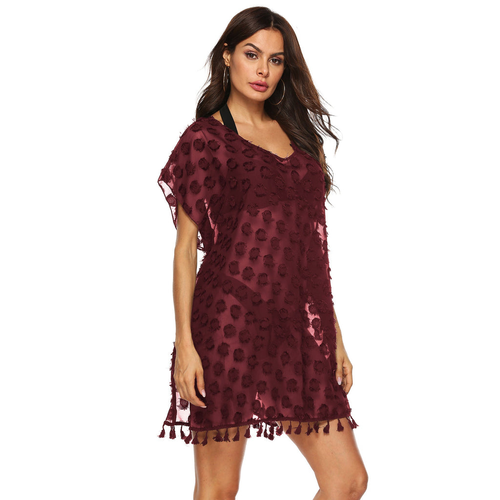Elegant Sheer Beach Cover-Up with Fringed Trim