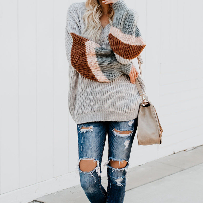 Women's Elegant V-Neck Knit Sweater with Contrasting Sleeves