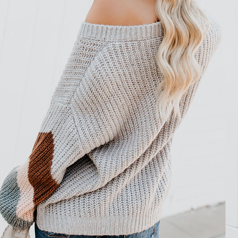 Women's Elegant V-Neck Knit Sweater with Contrasting Sleeves