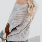 Women's Elegant V-Neck Knit Sweater with Contrasting Sleeves
