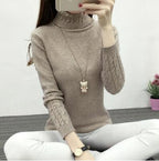 Women's Fine Knit Turtleneck Sweater with Cable Knit Pattern