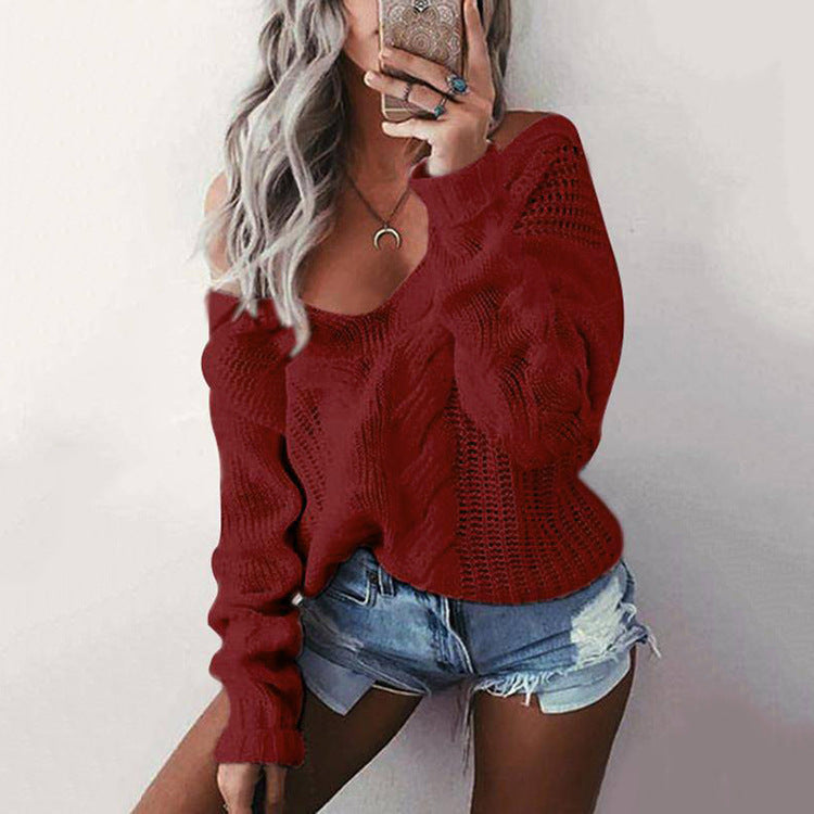 Women's Chunky Knit Sweater with Open Shoulder and Cable Pattern