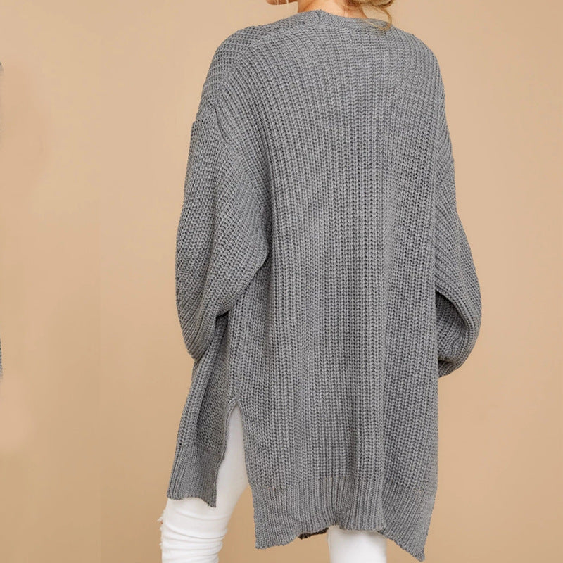 Women's Chunky Knit Sweater with Wide Cut and Side Slits