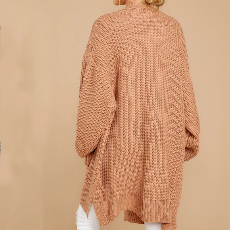 Women's Chunky Knit Sweater with Wide Cut and Side Slits