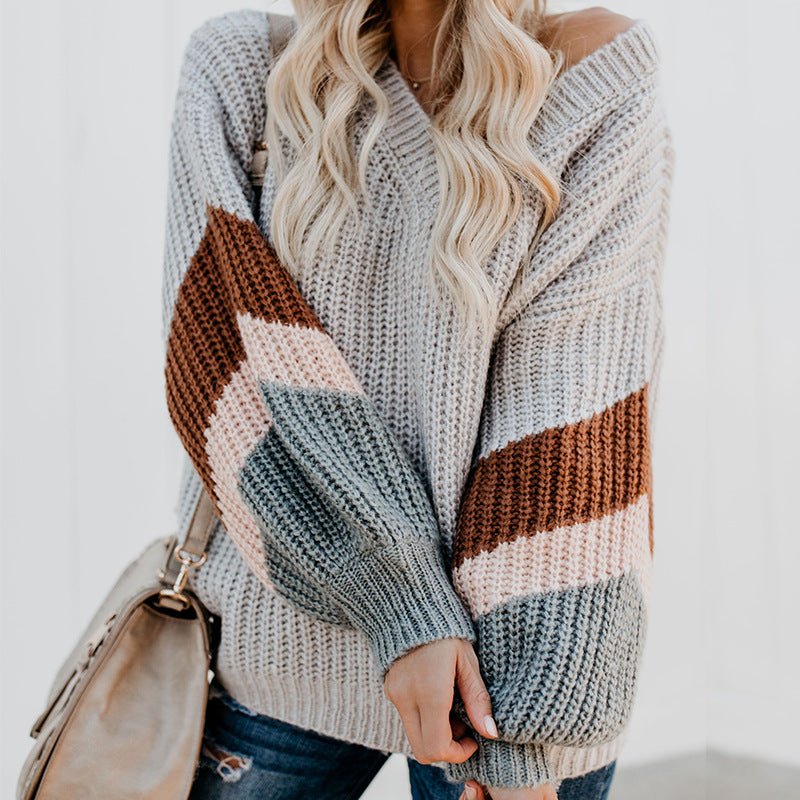 Women's Elegant V-Neck Knit Sweater with Contrasting Sleeves