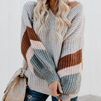 Women's Elegant V-Neck Knit Sweater with Contrasting Sleeves