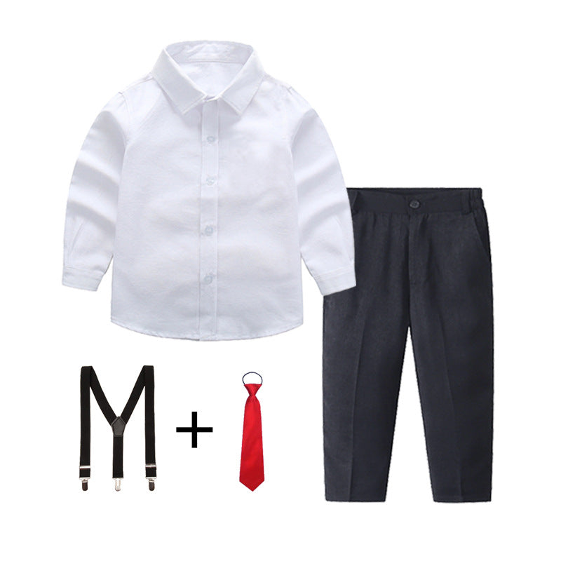 Women's Elegant Cotton Shirt with Chic Trousers and Suspenders