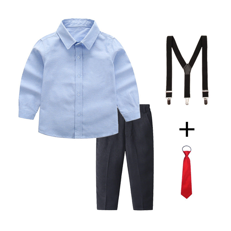 Women's Elegant Cotton Shirt with Chic Trousers and Suspenders