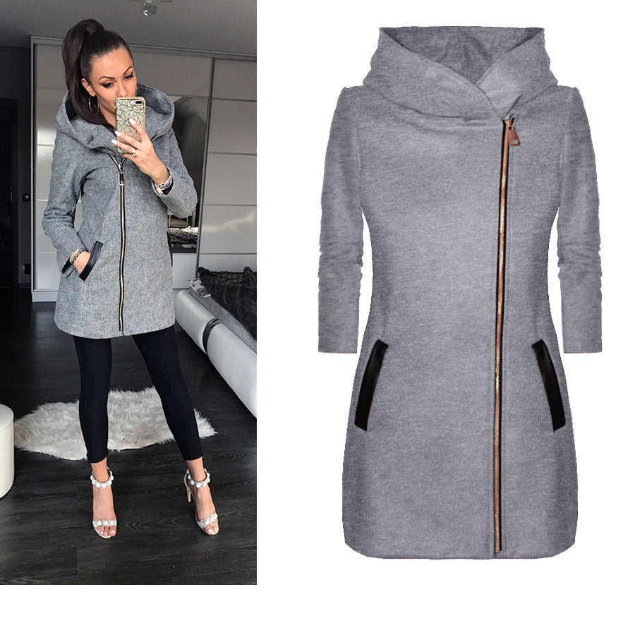 Women's Fashionable Hooded Coat with Asymmetrical Zipper and Practical Pockets