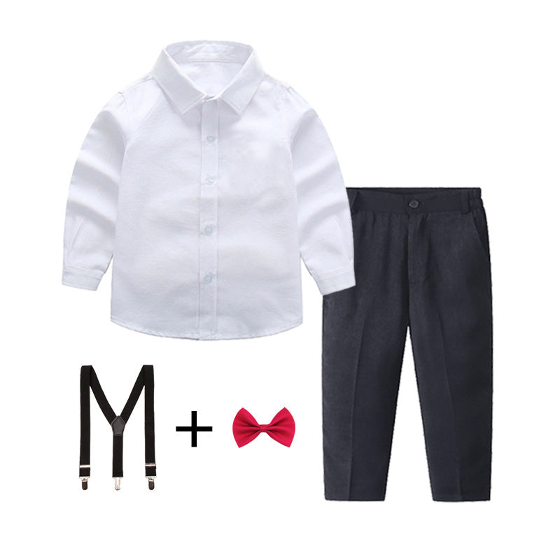 Women's Elegant Cotton Shirt with Chic Trousers and Suspenders