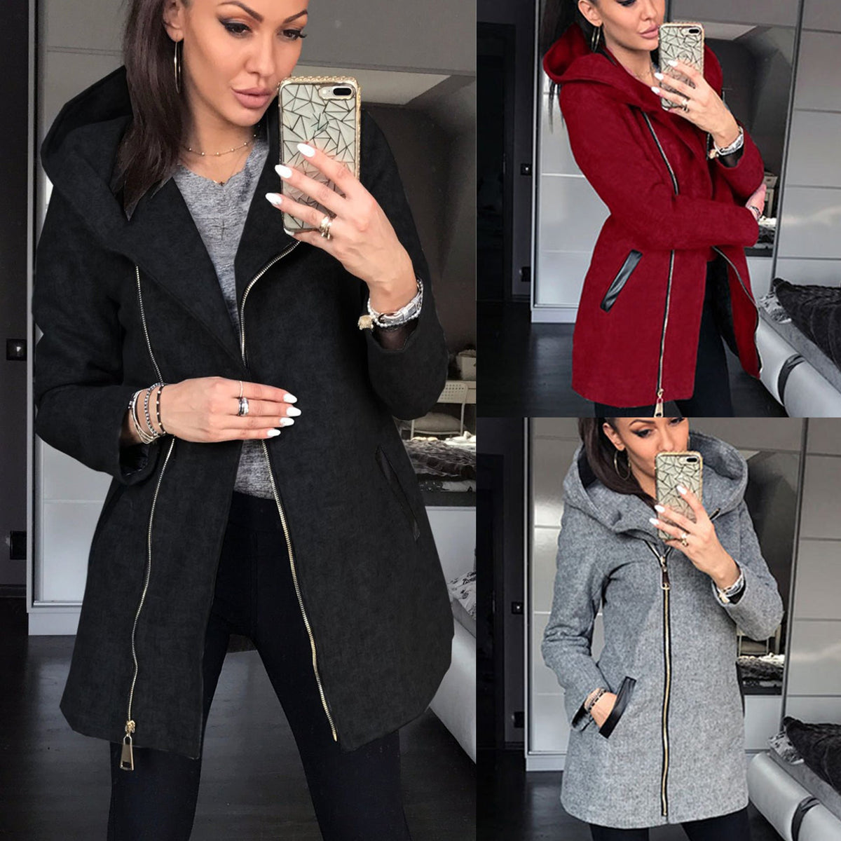 Women's Fashionable Hooded Coat with Asymmetrical Zipper and Practical Pockets
