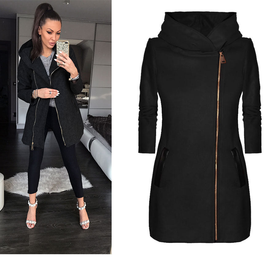 Women's Fashionable Hooded Coat with Asymmetrical Zipper and Practical Pockets