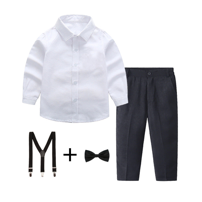 Women's Elegant Cotton Shirt with Chic Trousers and Suspenders