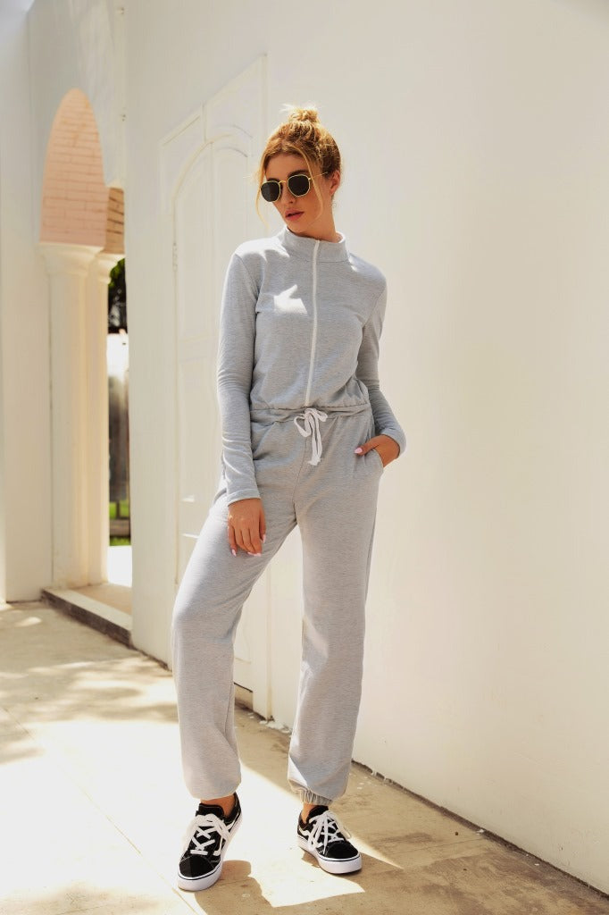 Women's Hooded Sweat Jumpsuit with Elastic Cuffs and Adjustable Drawstring