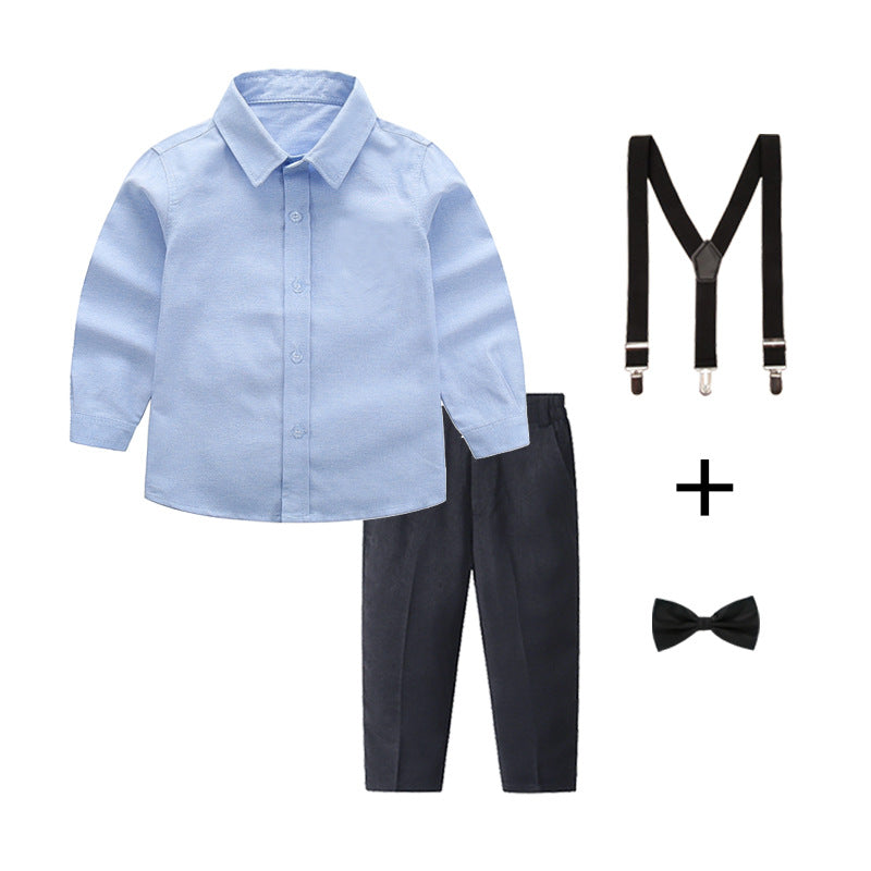 Women's Elegant Cotton Shirt with Chic Trousers and Suspenders