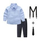 Women's Elegant Cotton Shirt with Chic Trousers and Suspenders