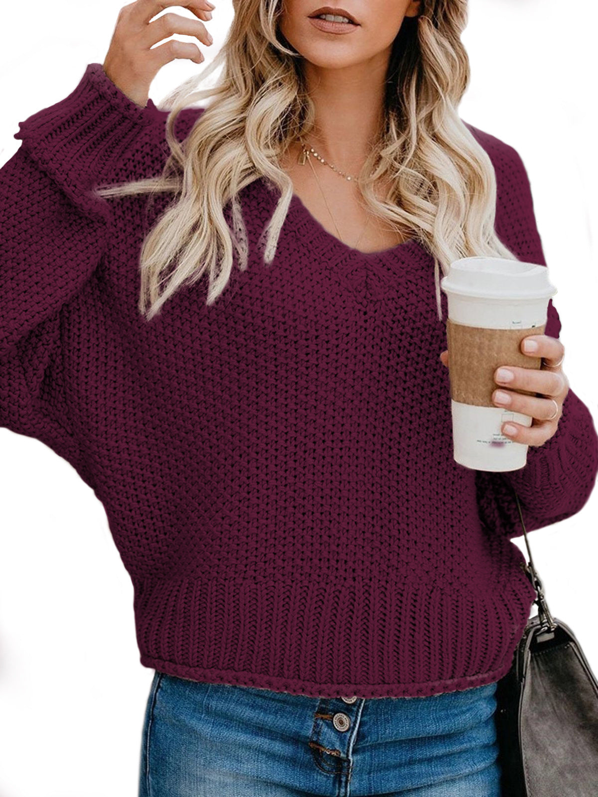 Women's Chunky Knit Sweater with V-Neck and Relaxed Fit
