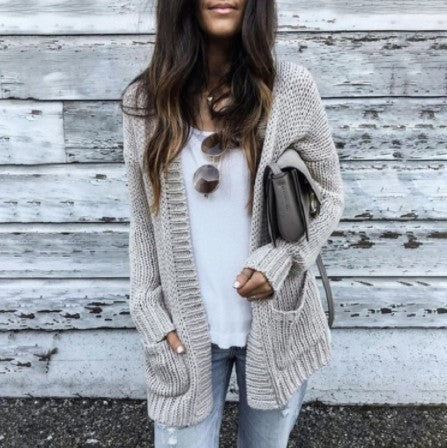 Women's Chunky Knit Cardigan with Patch Pockets and Casual Cut