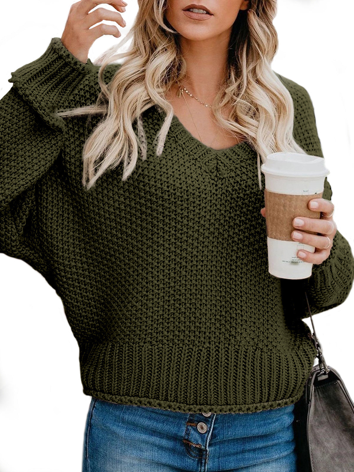 Women's Chunky Knit Sweater with V-Neck and Relaxed Fit