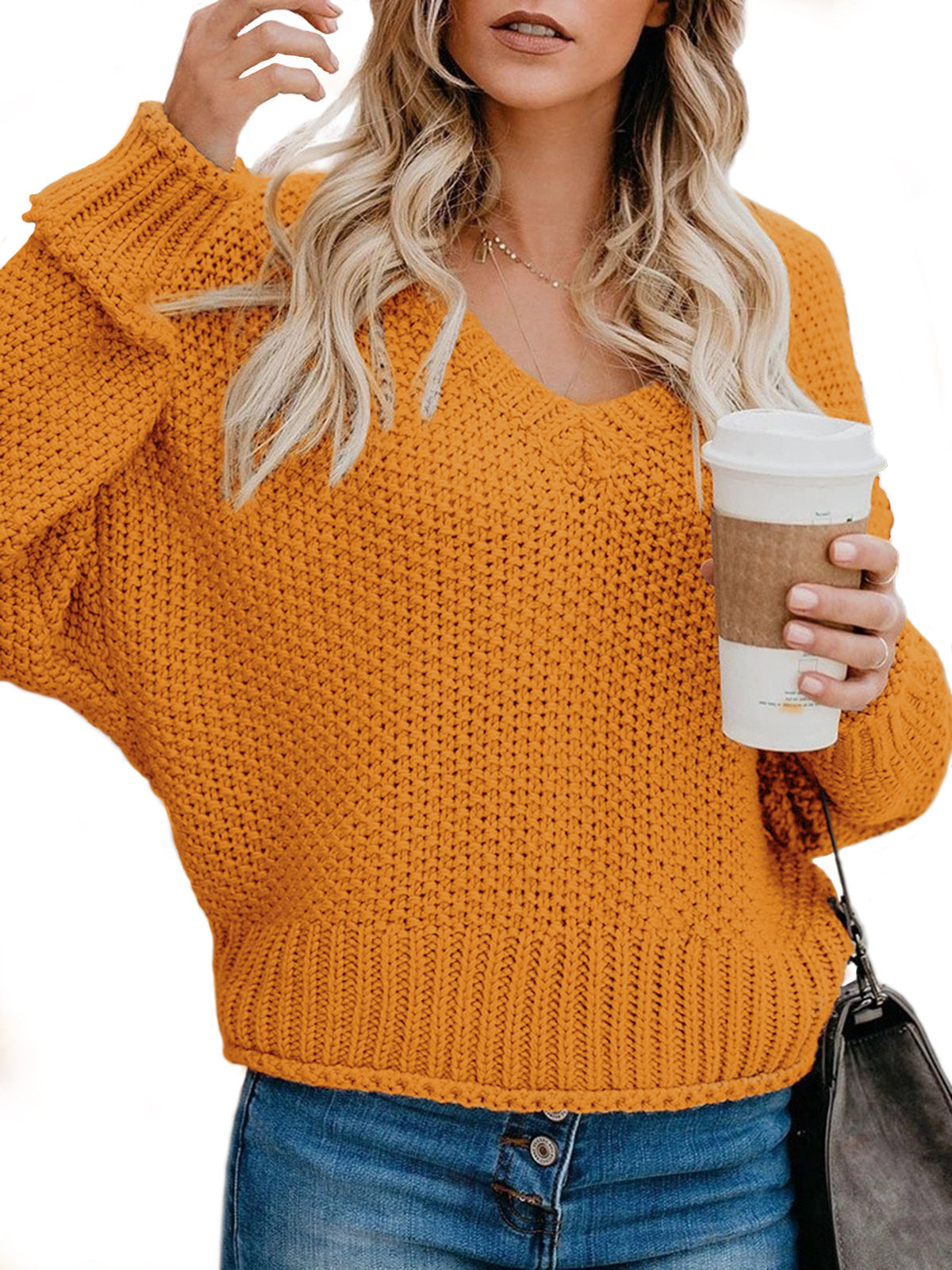 Women's Chunky Knit Sweater with V-Neck and Relaxed Fit