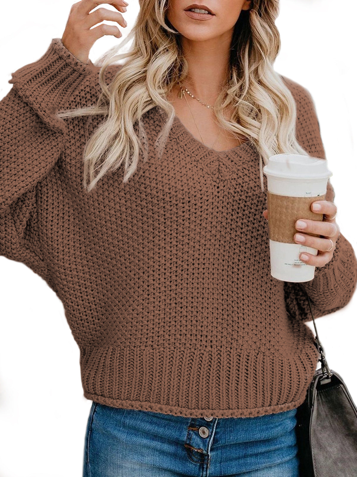 Women's Chunky Knit Sweater with V-Neck and Relaxed Fit