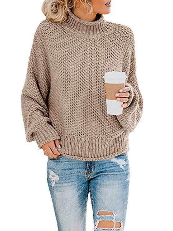 Women's Chunky Knit Sweater with High Collar and Casual Fit