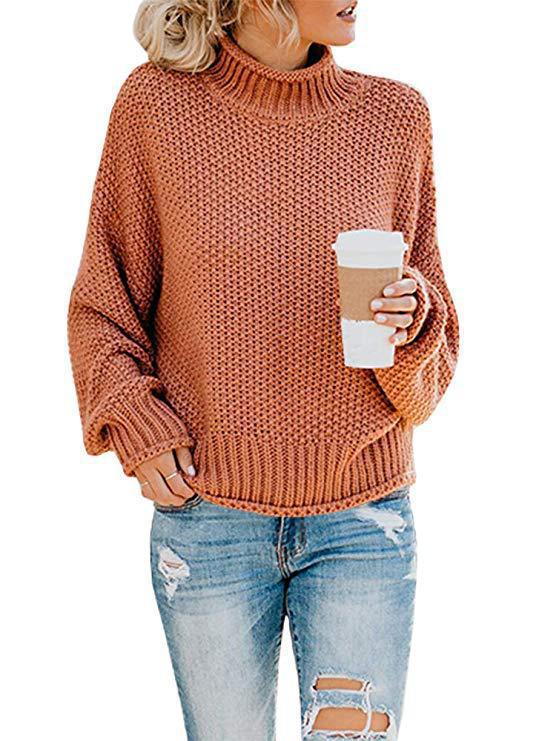 Women's Chunky Knit Sweater with High Collar and Casual Fit