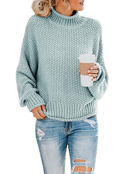 Women's Chunky Knit Sweater with High Collar and Casual Fit