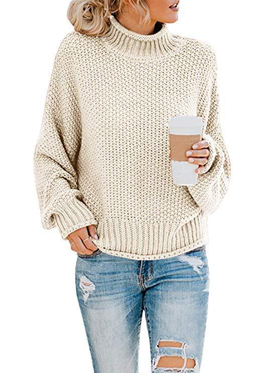 Women's Chunky Knit Sweater with High Collar and Casual Fit