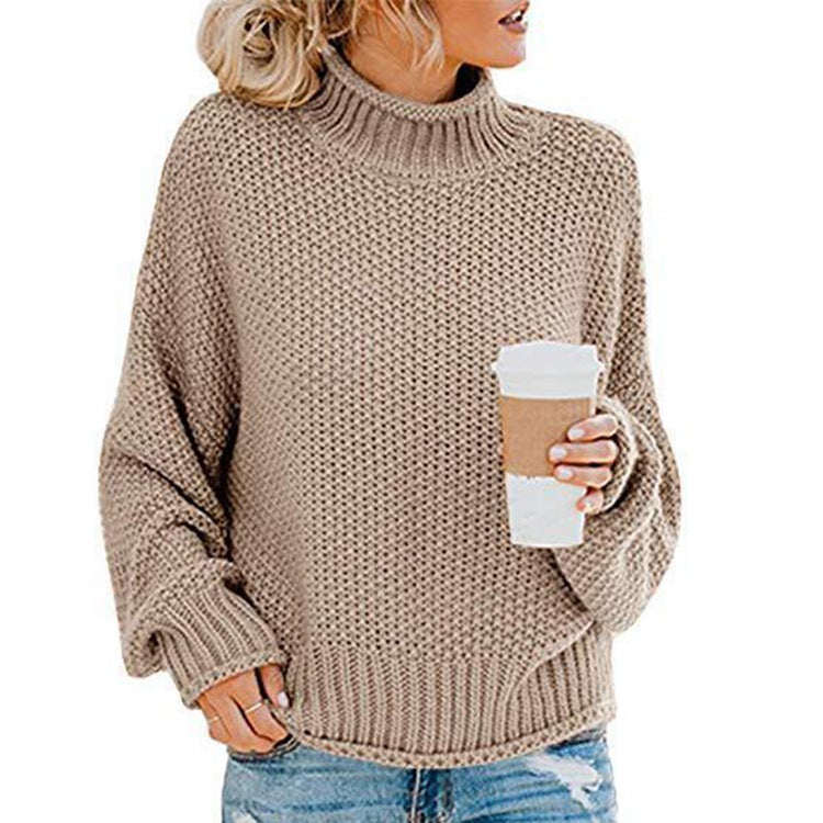 Women's Chunky Knit Sweater with High Collar and Casual Fit