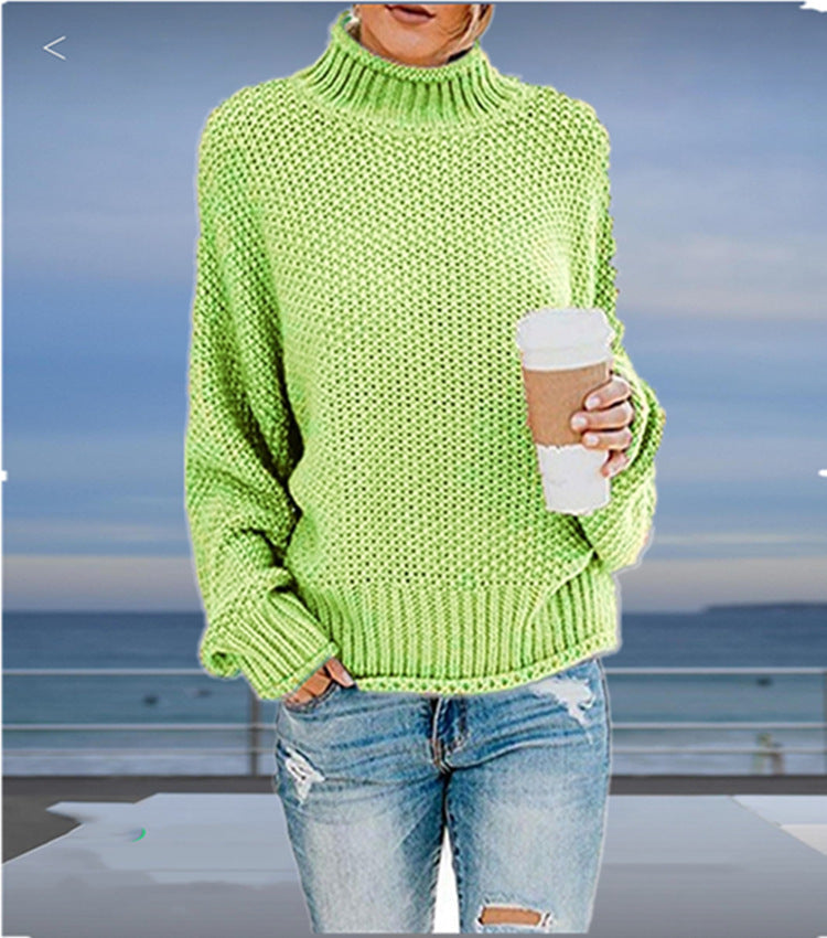 Women's Chunky Knit Sweater with High Collar and Casual Fit