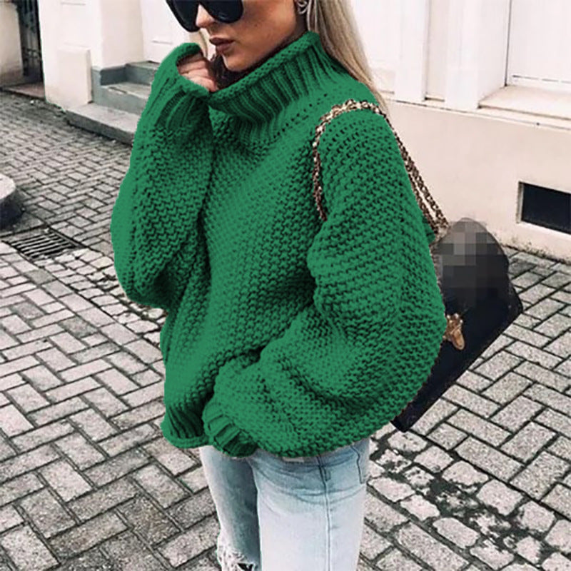 Women's Chunky Knit Sweater with High Collar and Casual Fit