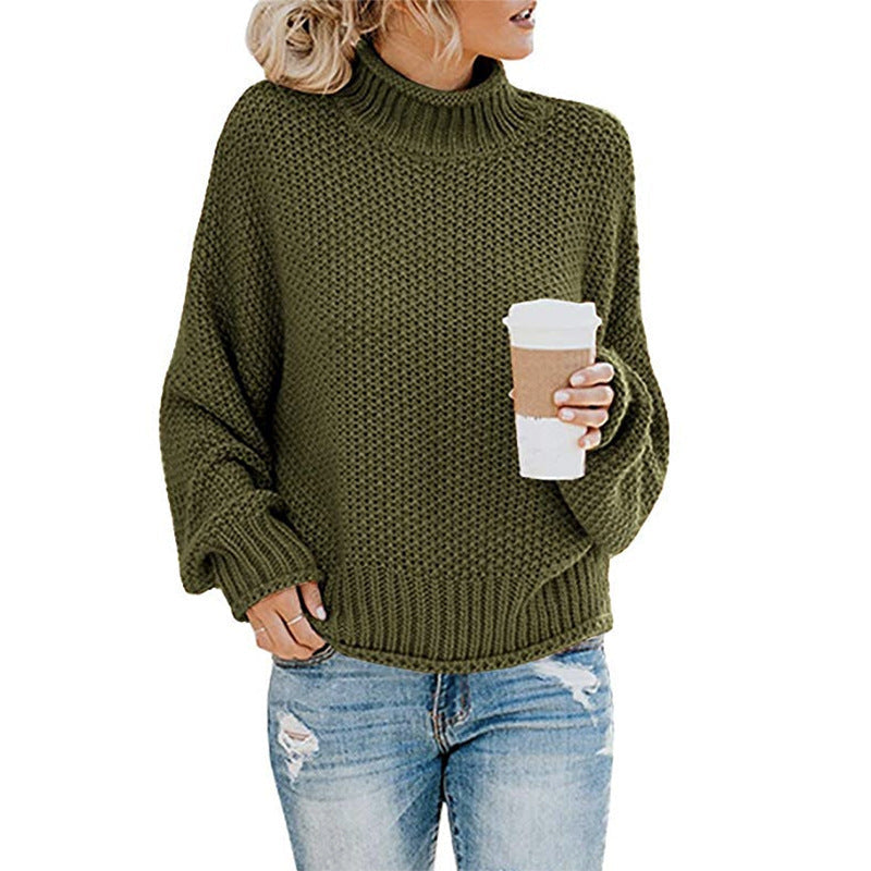 Women's Chunky Knit Sweater with High Collar and Casual Fit