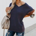 Women's Elegant V-Neck Knit Sweater with Contrasting Sleeves