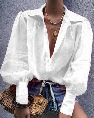 Women's Blouse with Voluminous Sleeves and Elegant Collar